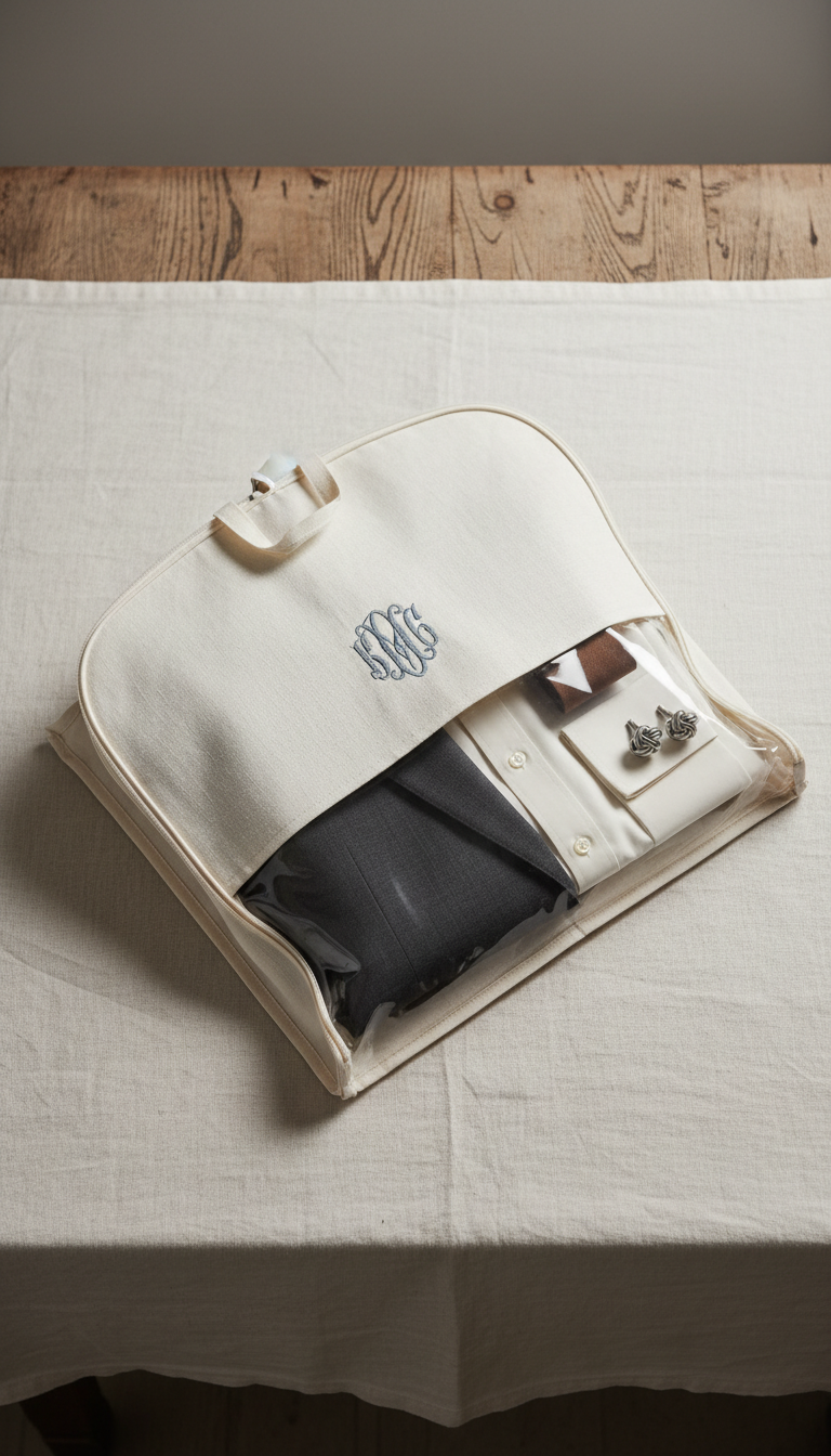 Linen Garment Bag with Ruffle Detail – Monogrammable Travel Bag with Moiré Accents